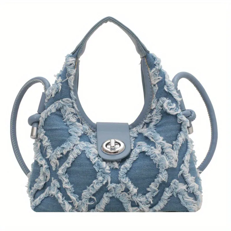 realaiot  Mini Fashion Denim Handbags For Women, Raw Trim Crossbody Bag, Y2K Style Hobo Bag Small Canvas Purses (19.81cm X 17.78cm X 7.11cm)