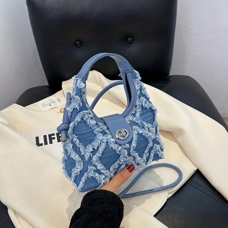 realaiot  Mini Fashion Denim Handbags For Women, Raw Trim Crossbody Bag, Y2K Style Hobo Bag Small Canvas Purses (19.81cm X 17.78cm X 7.11cm)