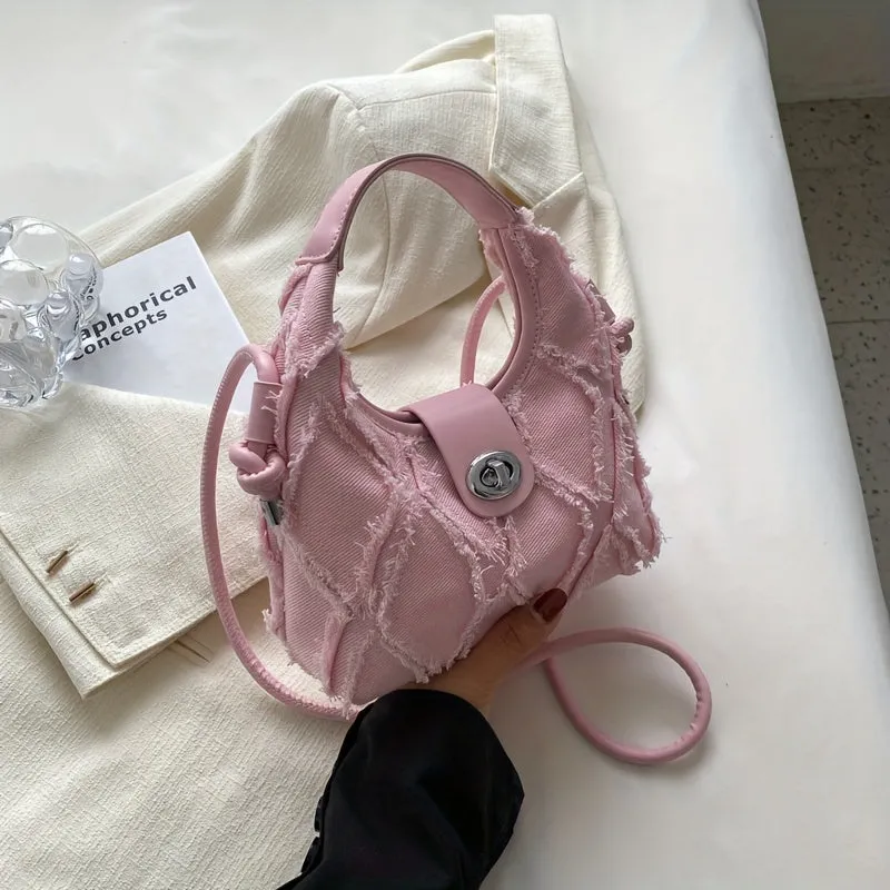 realaiot  Mini Fashion Denim Handbags For Women, Raw Trim Crossbody Bag, Y2K Style Hobo Bag Small Canvas Purses (19.81cm X 17.78cm X 7.11cm)