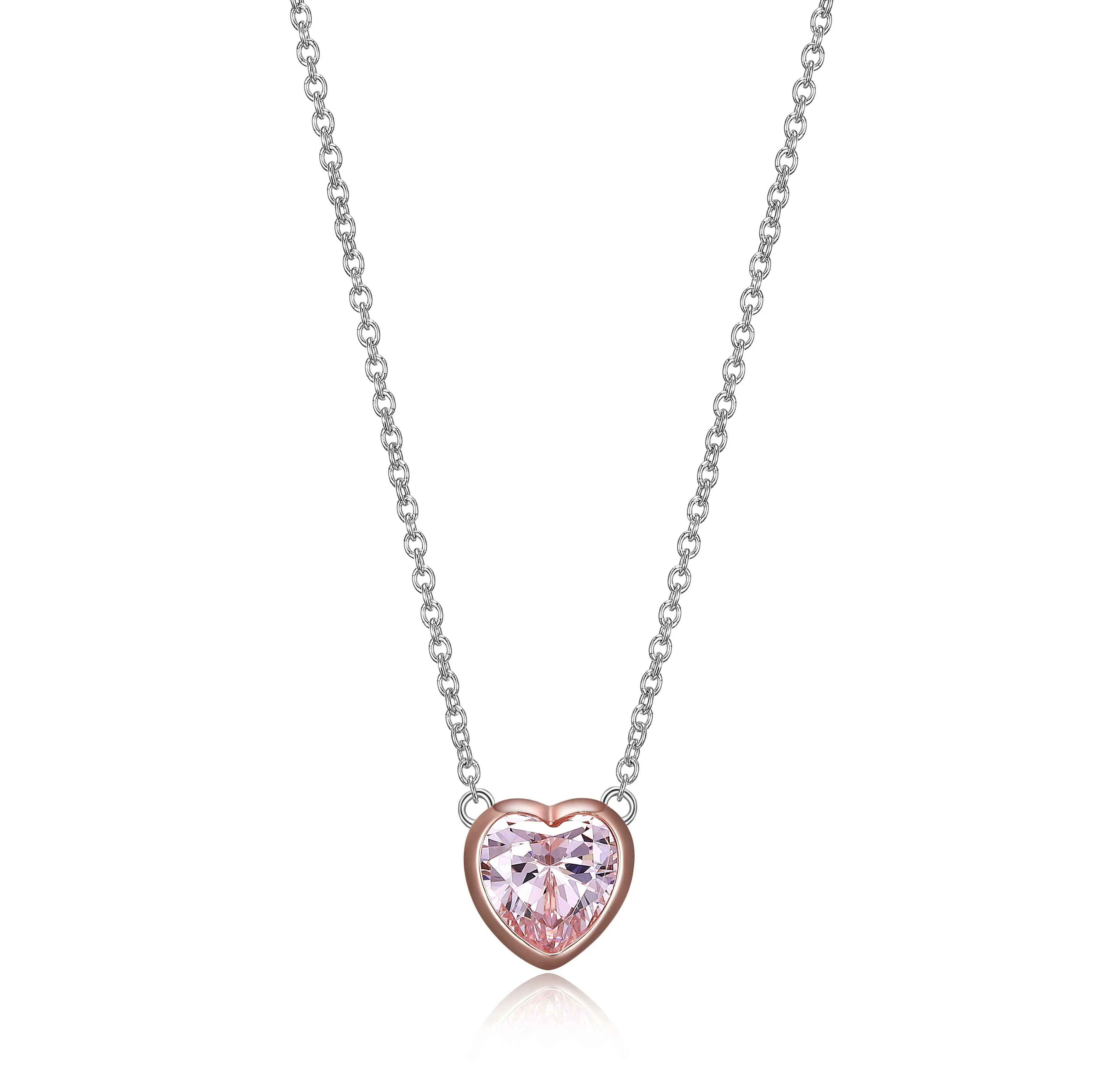 Reign Sterling Silver and Rose Gold Plated Bezel Set Pink CZ Heart Necklace