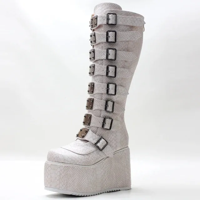 Retro Goth 11CM High Heel Fashion Punk Belt Buckles Serpentine Pattern Women Knee-High Boots