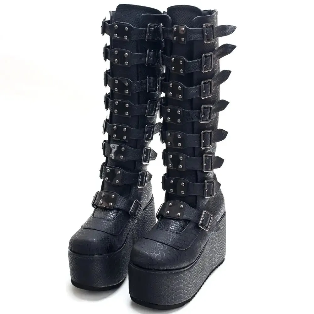 Retro Goth 11CM High Heel Fashion Punk Belt Buckles Serpentine Pattern Women Knee-High Boots