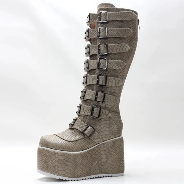 Retro Goth 11CM High Heel Fashion Punk Belt Buckles Serpentine Pattern Women Knee-High Boots