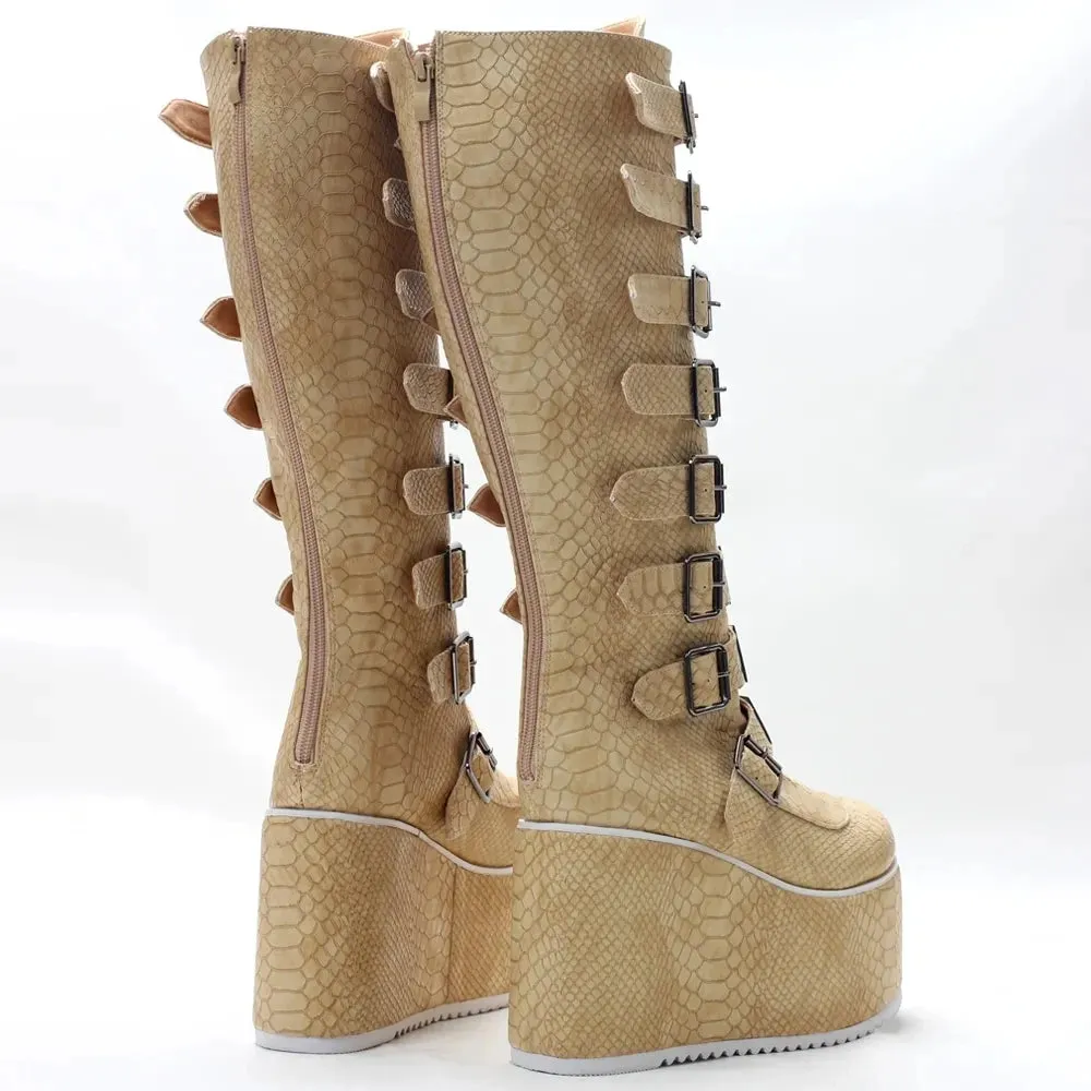 Retro Goth 11CM High Heel Fashion Punk Belt Buckles Serpentine Pattern Women Knee-High Boots