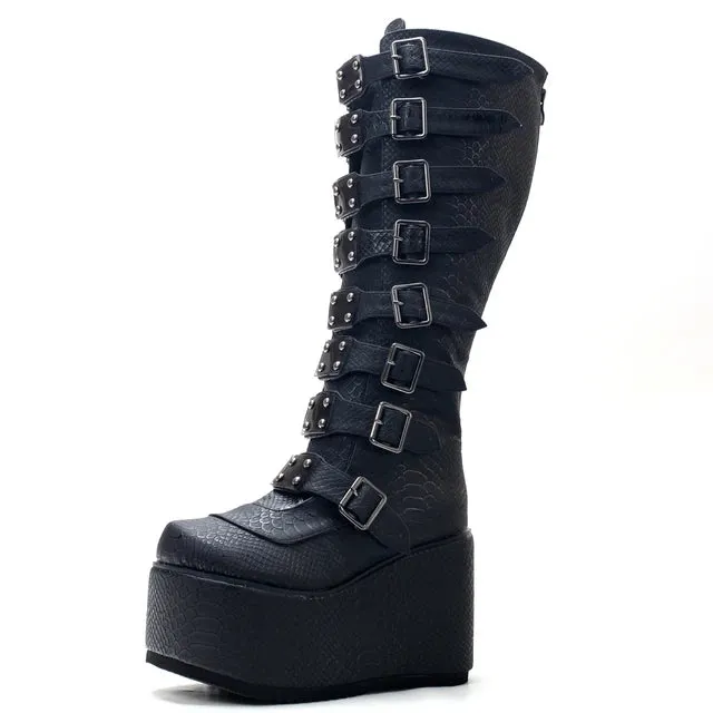 Retro Goth 11CM High Heel Fashion Punk Belt Buckles Serpentine Pattern Women Knee-High Boots