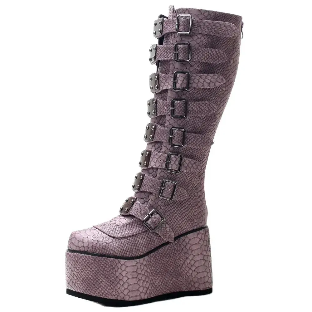 Retro Goth 11CM High Heel Fashion Punk Belt Buckles Serpentine Pattern Women Knee-High Boots