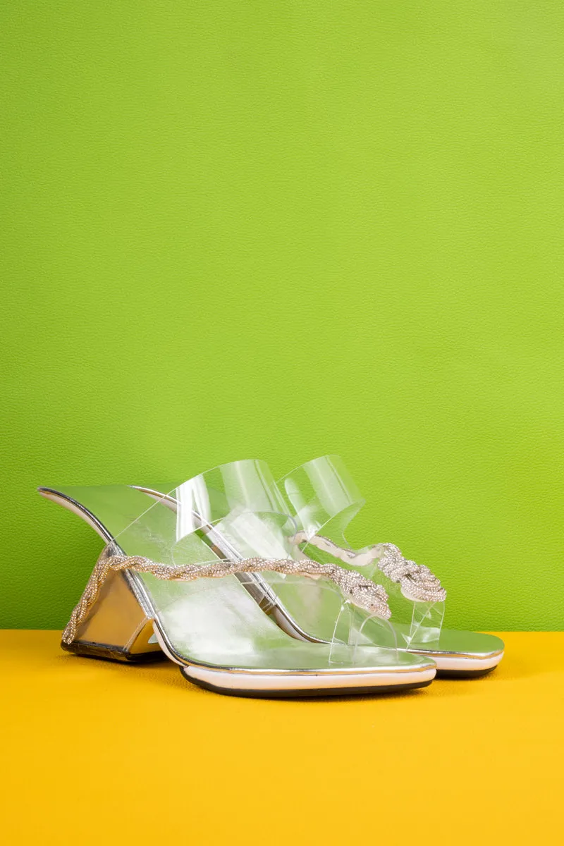 Rinaldi Rhinestone Chain Embellished Heels - Silver