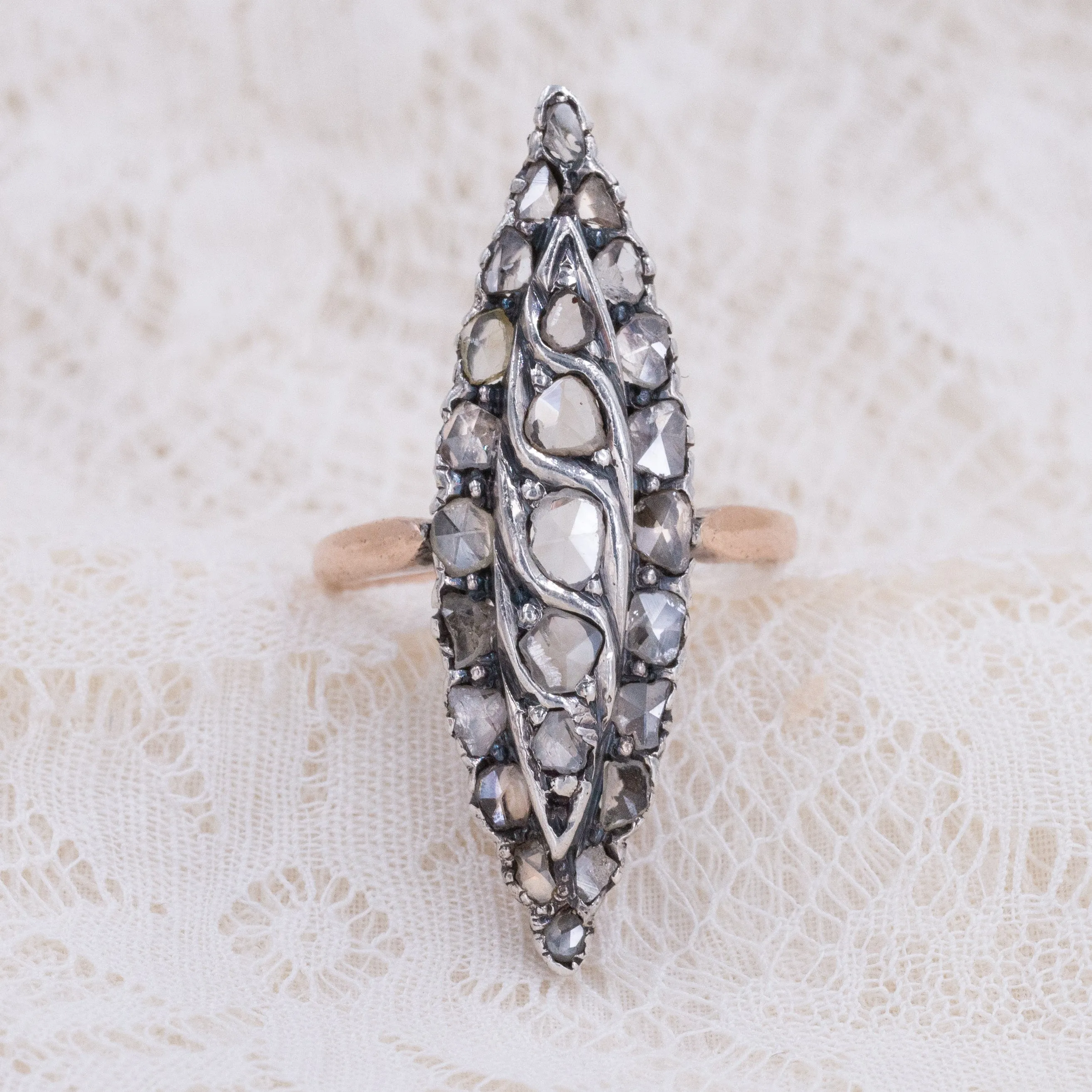 Rose-Cut Diamond Navette Ring c. 1880s