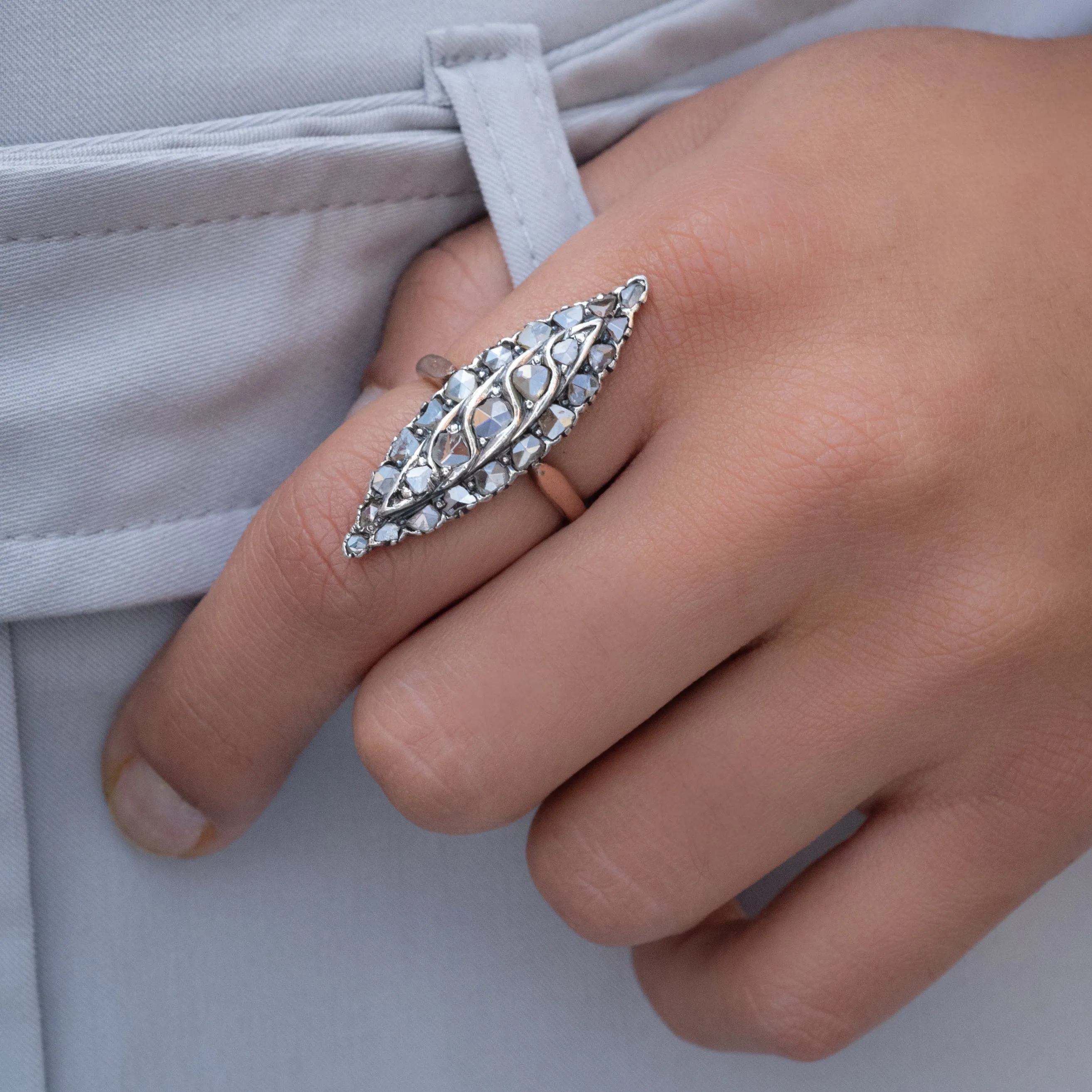 Rose-Cut Diamond Navette Ring c. 1880s