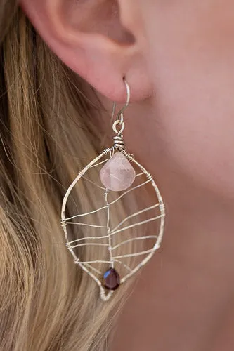 Rose Quartz & Garnet Leaf Earrings | Handcrafted Fine Silver Jewelry