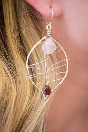Rose Quartz & Garnet Leaf Earrings | Handcrafted Fine Silver Jewelry