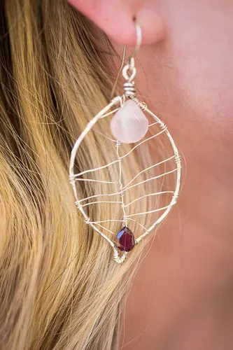 Rose Quartz & Garnet Leaf Earrings | Handcrafted Fine Silver Jewelry