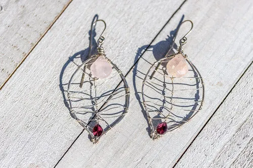 Rose Quartz & Garnet Leaf Earrings | Handcrafted Fine Silver Jewelry