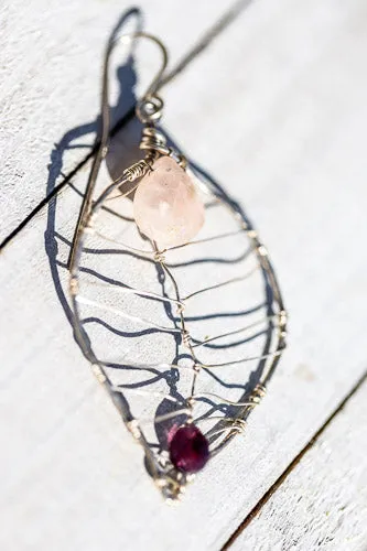 Rose Quartz & Garnet Leaf Earrings | Handcrafted Fine Silver Jewelry