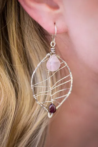 Rose Quartz & Garnet Leaf Earrings | Handcrafted Fine Silver Jewelry