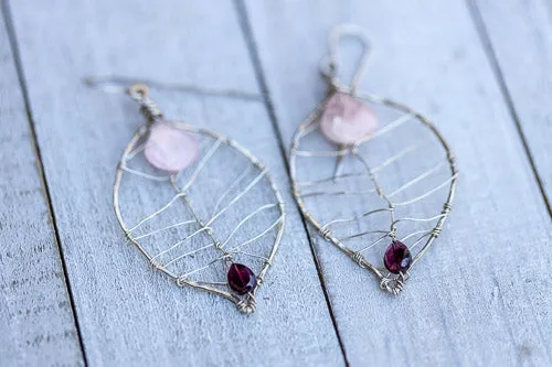 Rose Quartz & Garnet Leaf Earrings | Handcrafted Fine Silver Jewelry