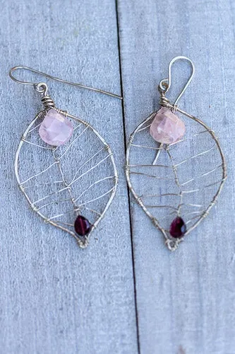 Rose Quartz & Garnet Leaf Earrings | Handcrafted Fine Silver Jewelry
