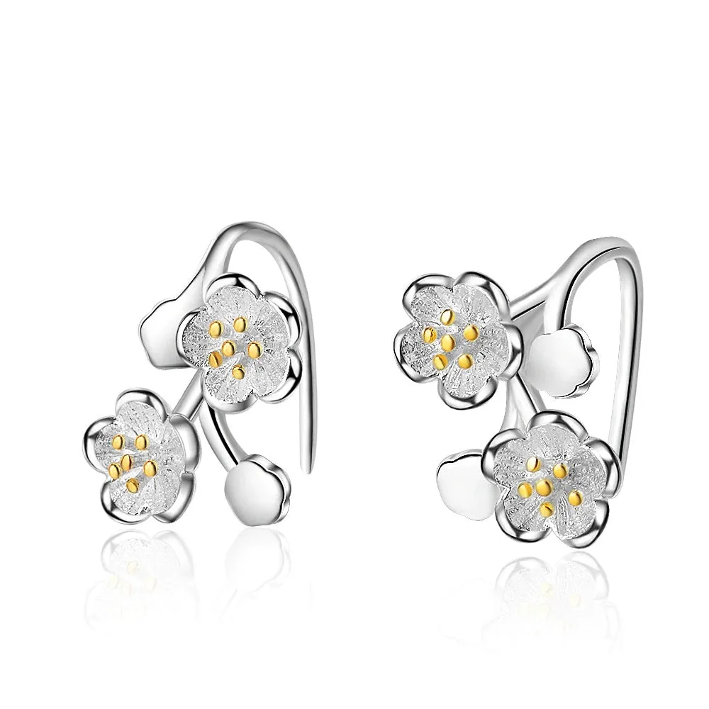 S925 Sterling Silver Floral Cherry Blossom Sakura Minimalist Flower Earrings, Small Sterling Silver Earrings