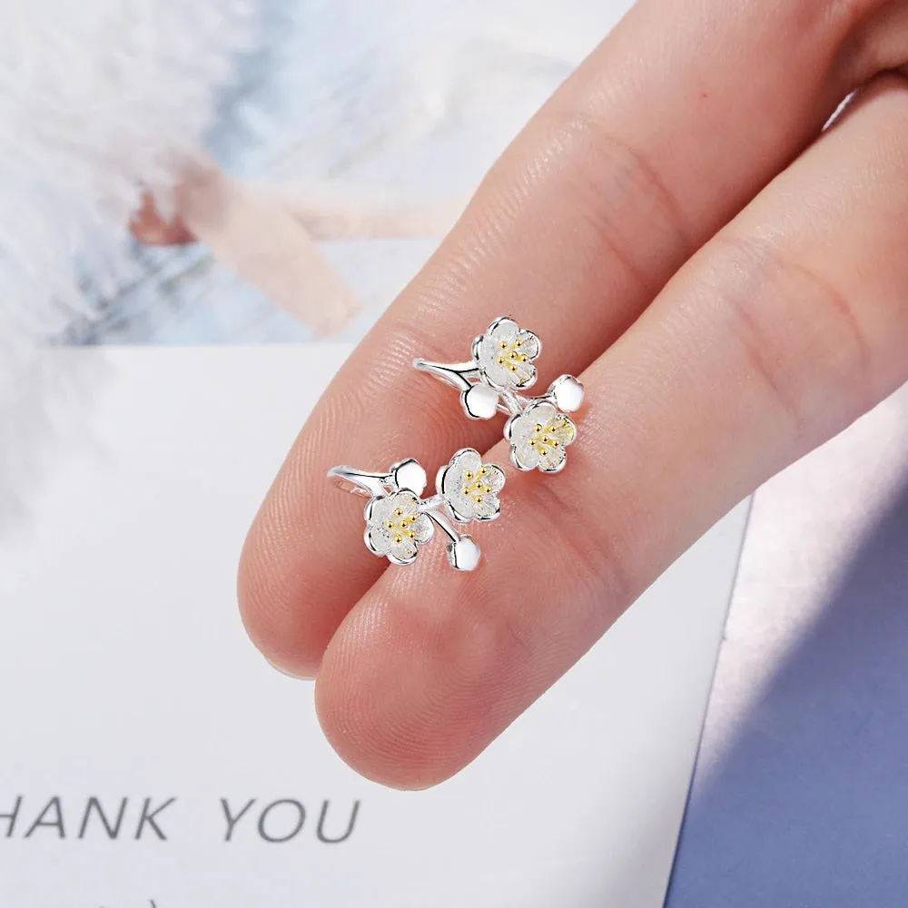 S925 Sterling Silver Floral Cherry Blossom Sakura Minimalist Flower Earrings, Small Sterling Silver Earrings