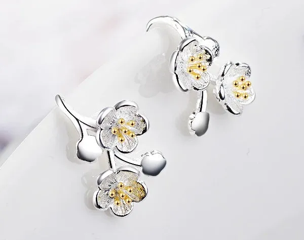 S925 Sterling Silver Floral Cherry Blossom Sakura Minimalist Flower Earrings, Small Sterling Silver Earrings