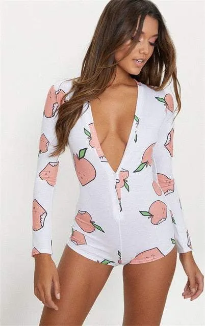 Sexy Women Deep V-neck Sleepwear Bodysuit-Shorts Romper Bodysuit