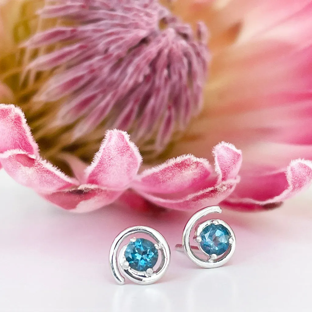 Silver London Blue Topaz Spiral Studs