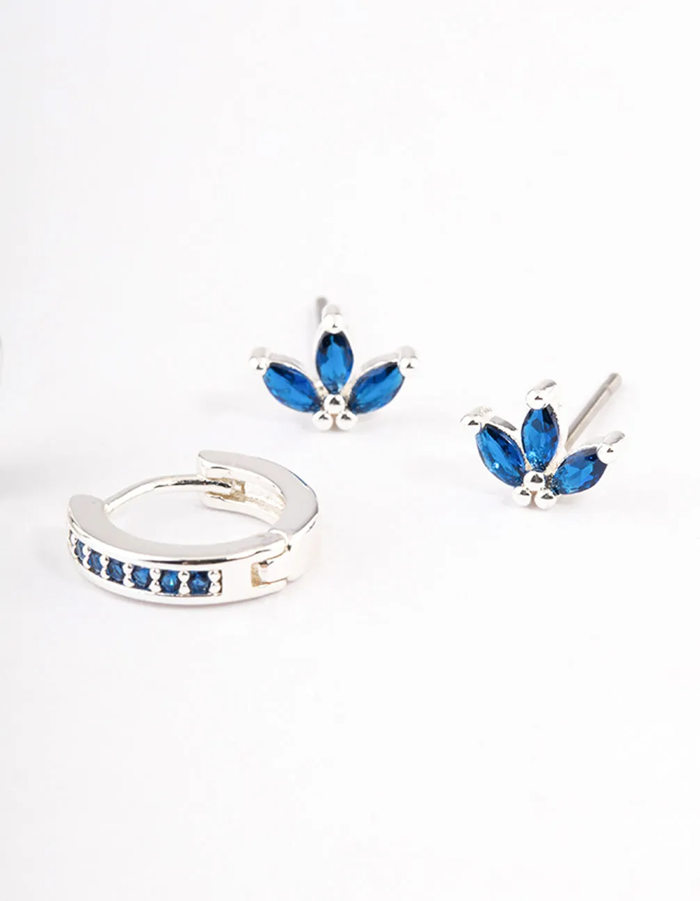 Silver Plated Brass  Cubic Zirconia Marquise Stud & Huggie Earrings Pack