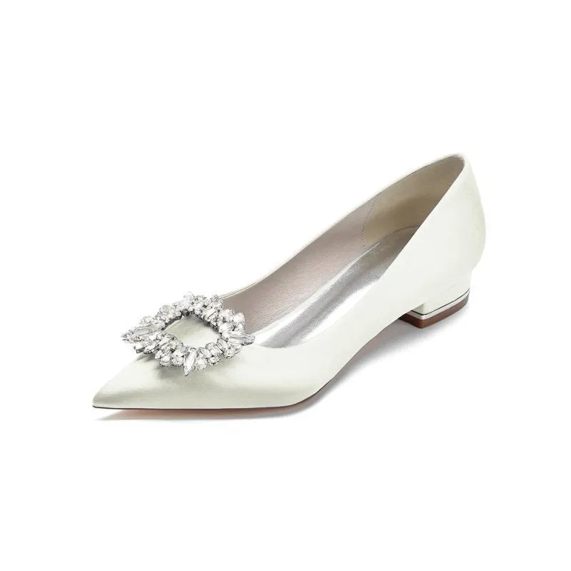 Simple Pointed Toe Satin Kitten Heels With Beading