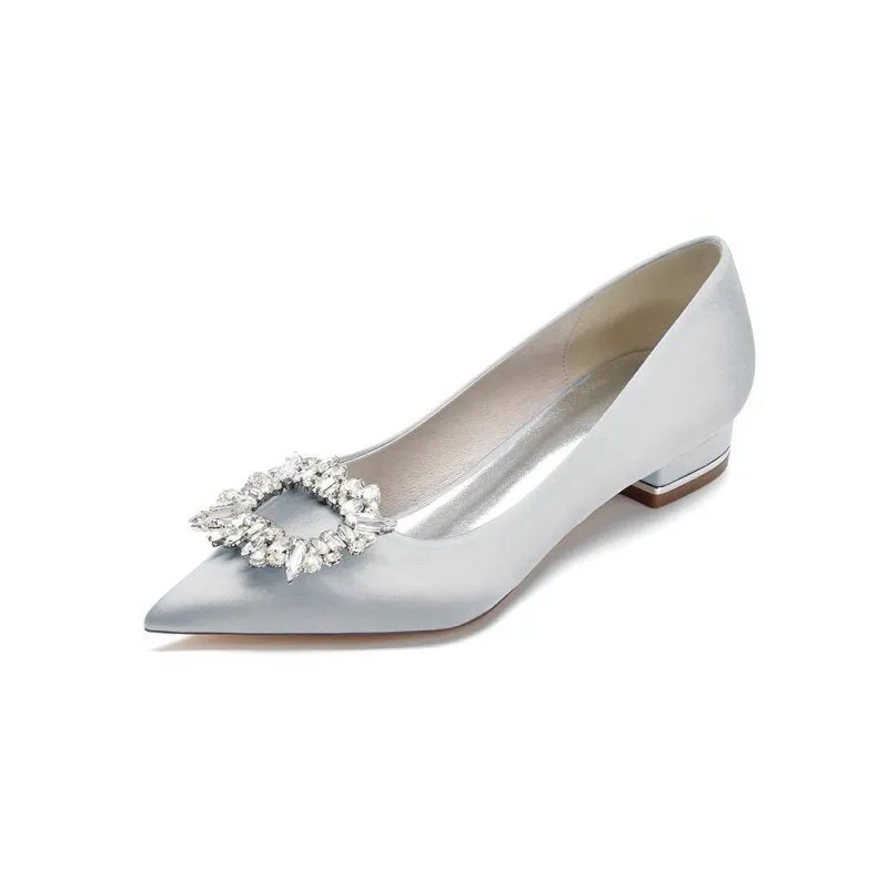 Simple Pointed Toe Satin Kitten Heels With Beading