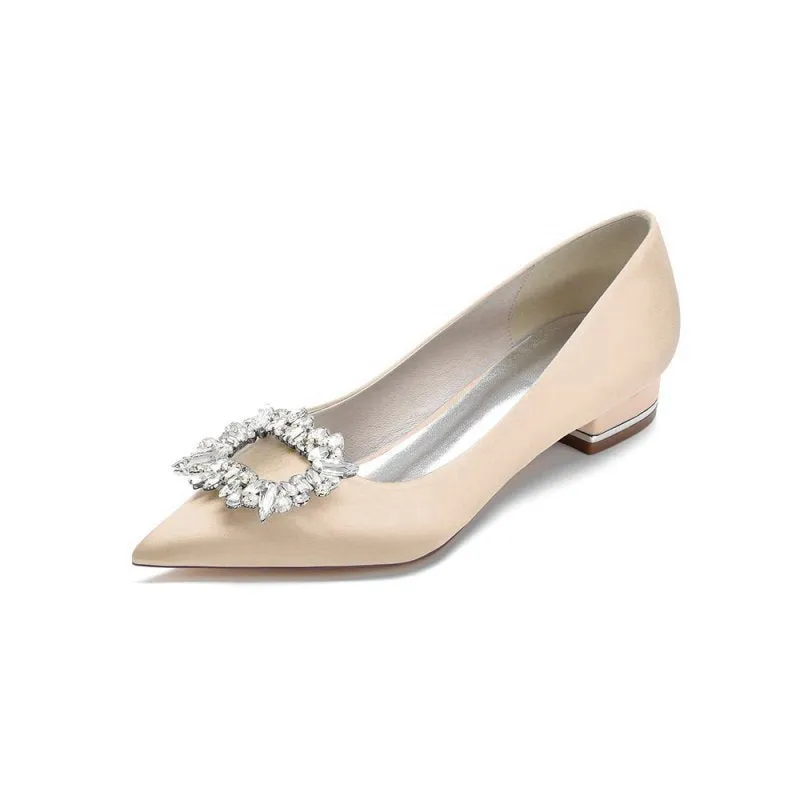 Simple Pointed Toe Satin Kitten Heels With Beading