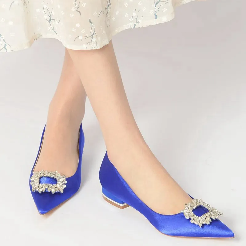 Simple Pointed Toe Satin Kitten Heels With Beading