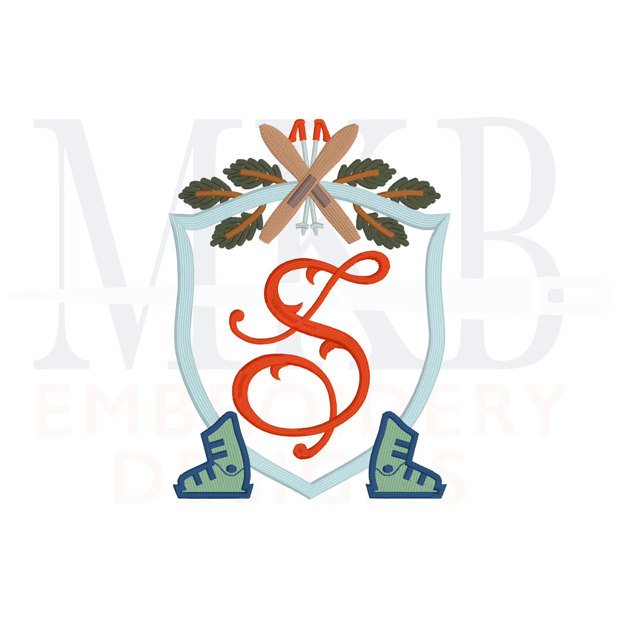 Skis and Boots Pine Crossed Poles Crest Machine Embroidery Design File