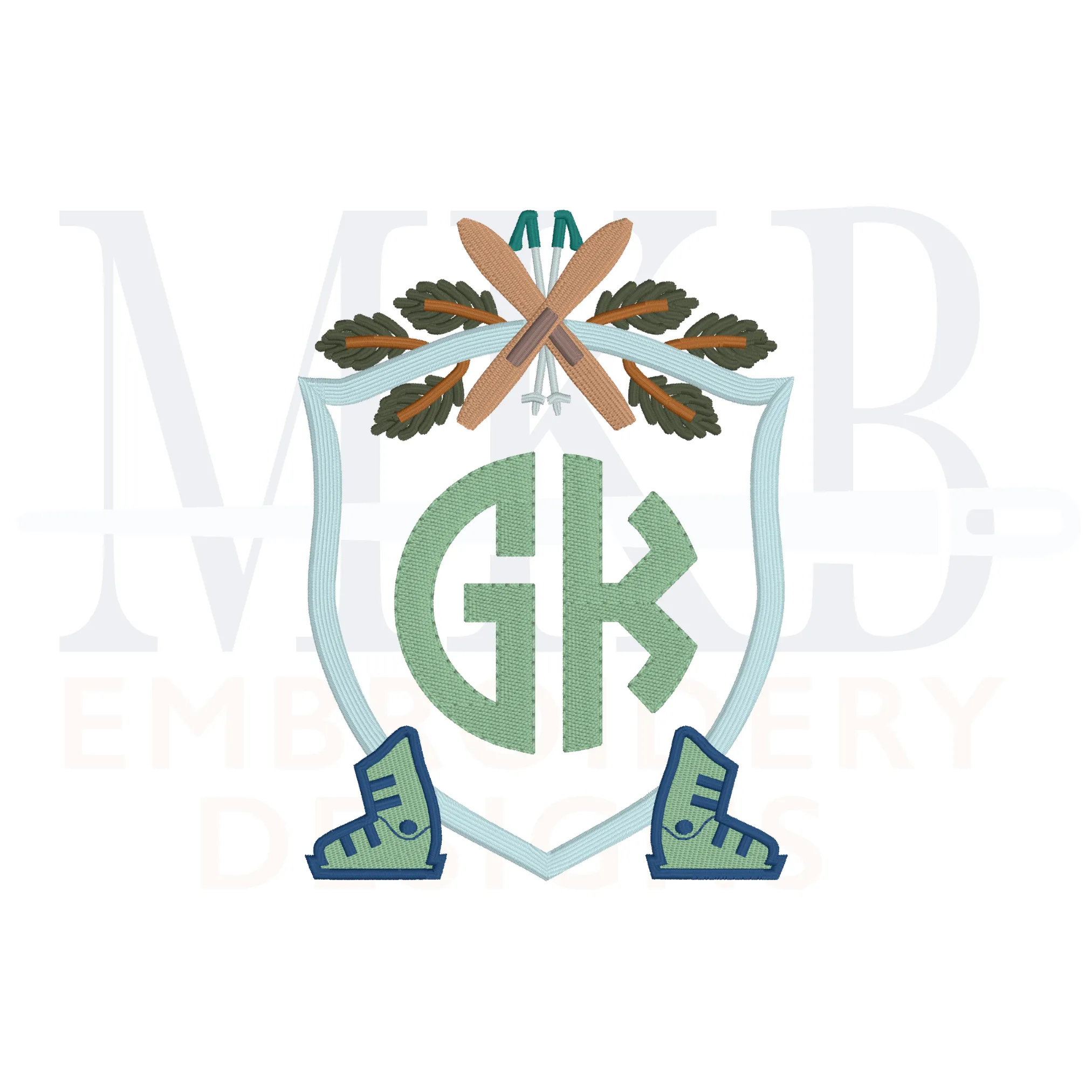 Skis and Boots Pine Crossed Poles Crest Machine Embroidery Design File