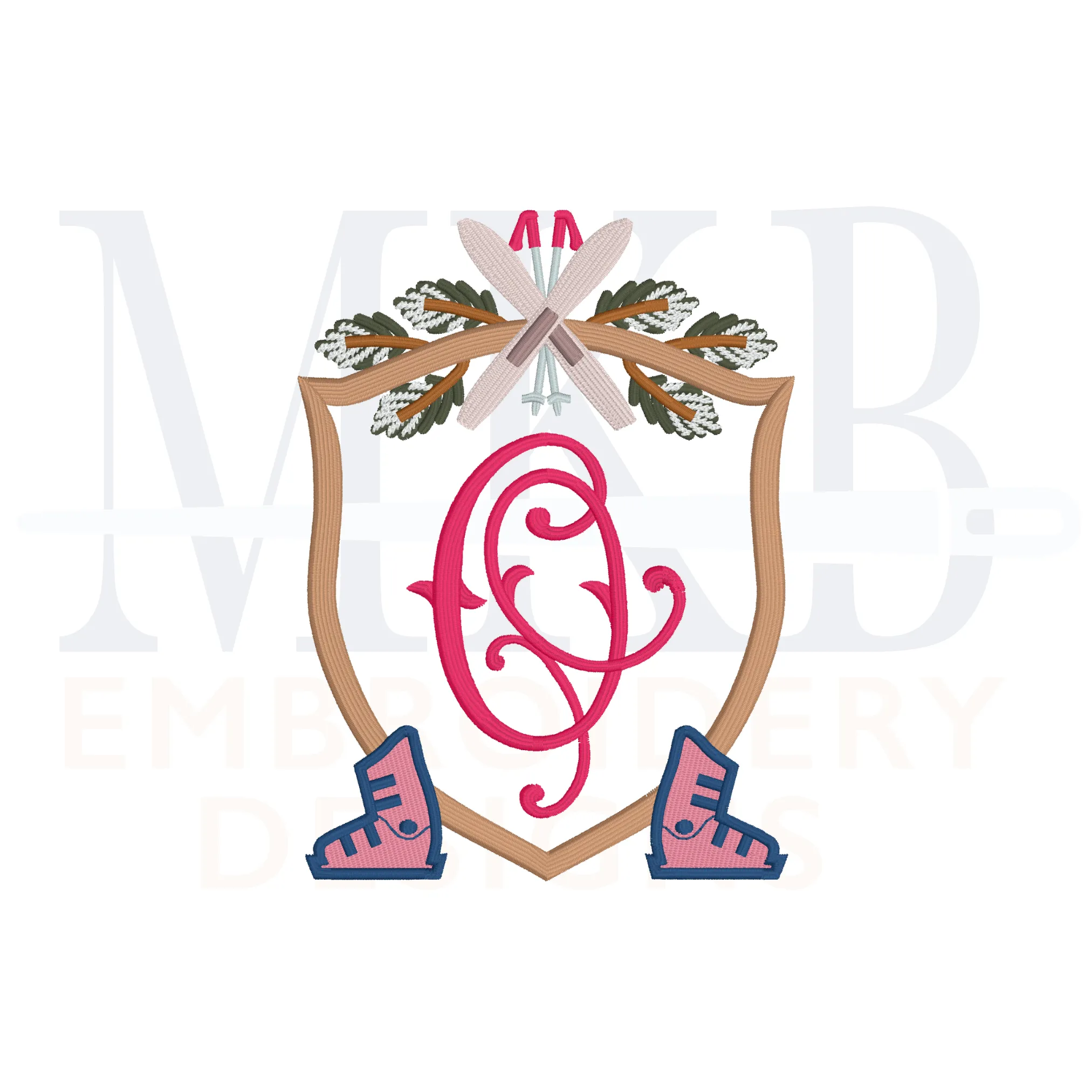 Skis and Boots Pine Crossed Poles Crest Machine Embroidery Design File