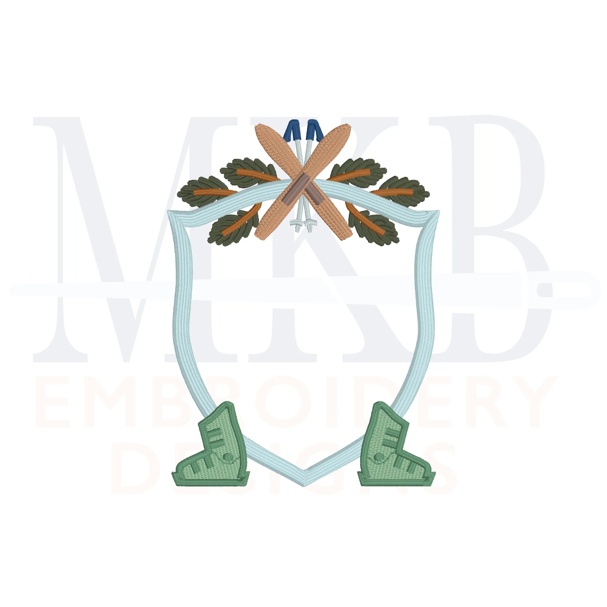 Skis and Boots Pine Crossed Poles Crest Machine Embroidery Design File