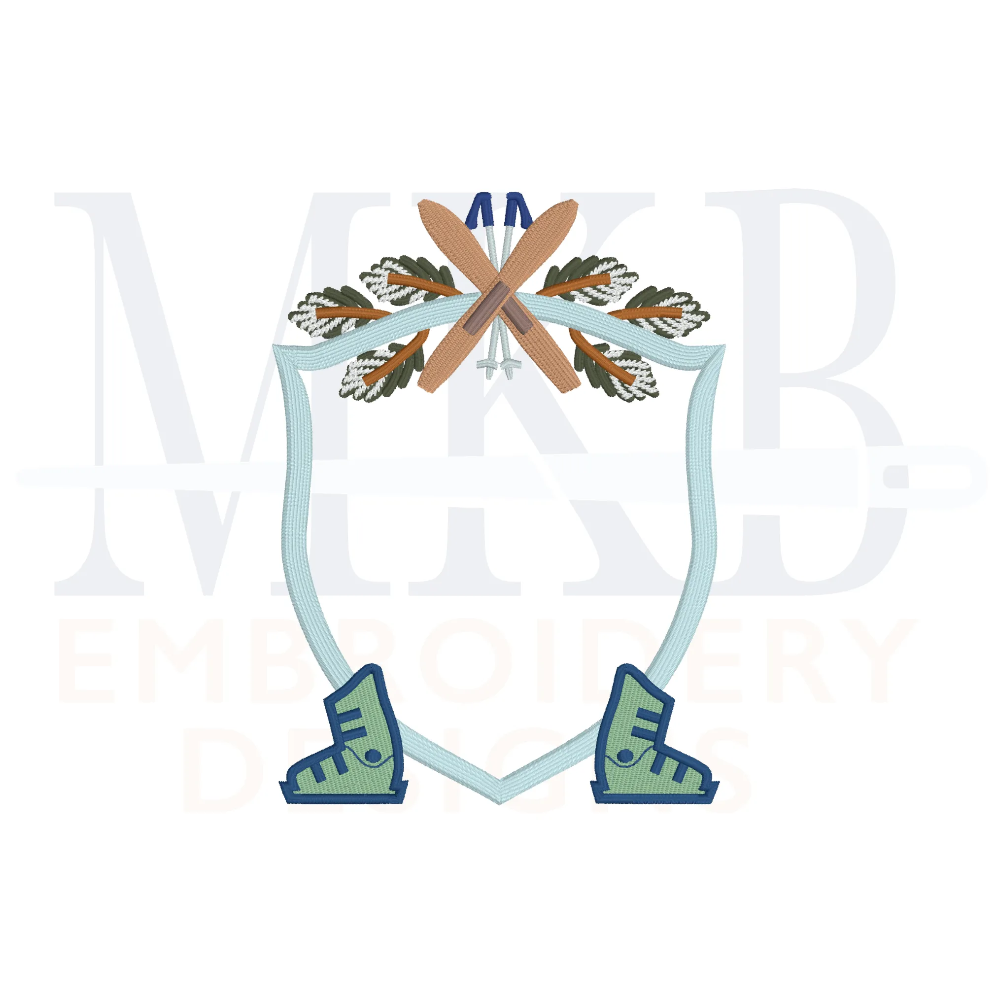 Skis and Boots Pine Crossed Poles Crest Machine Embroidery Design File