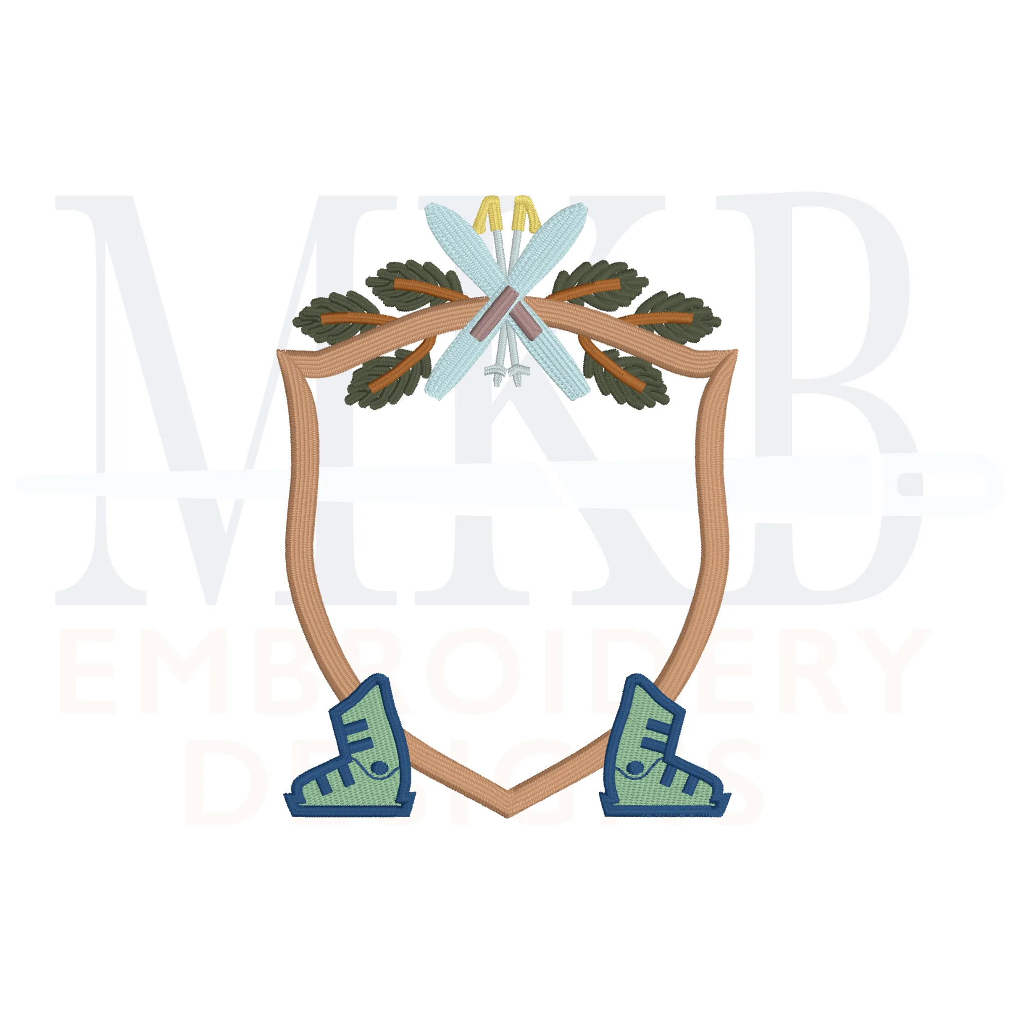 Skis and Boots Pine Crossed Poles Crest Machine Embroidery Design File