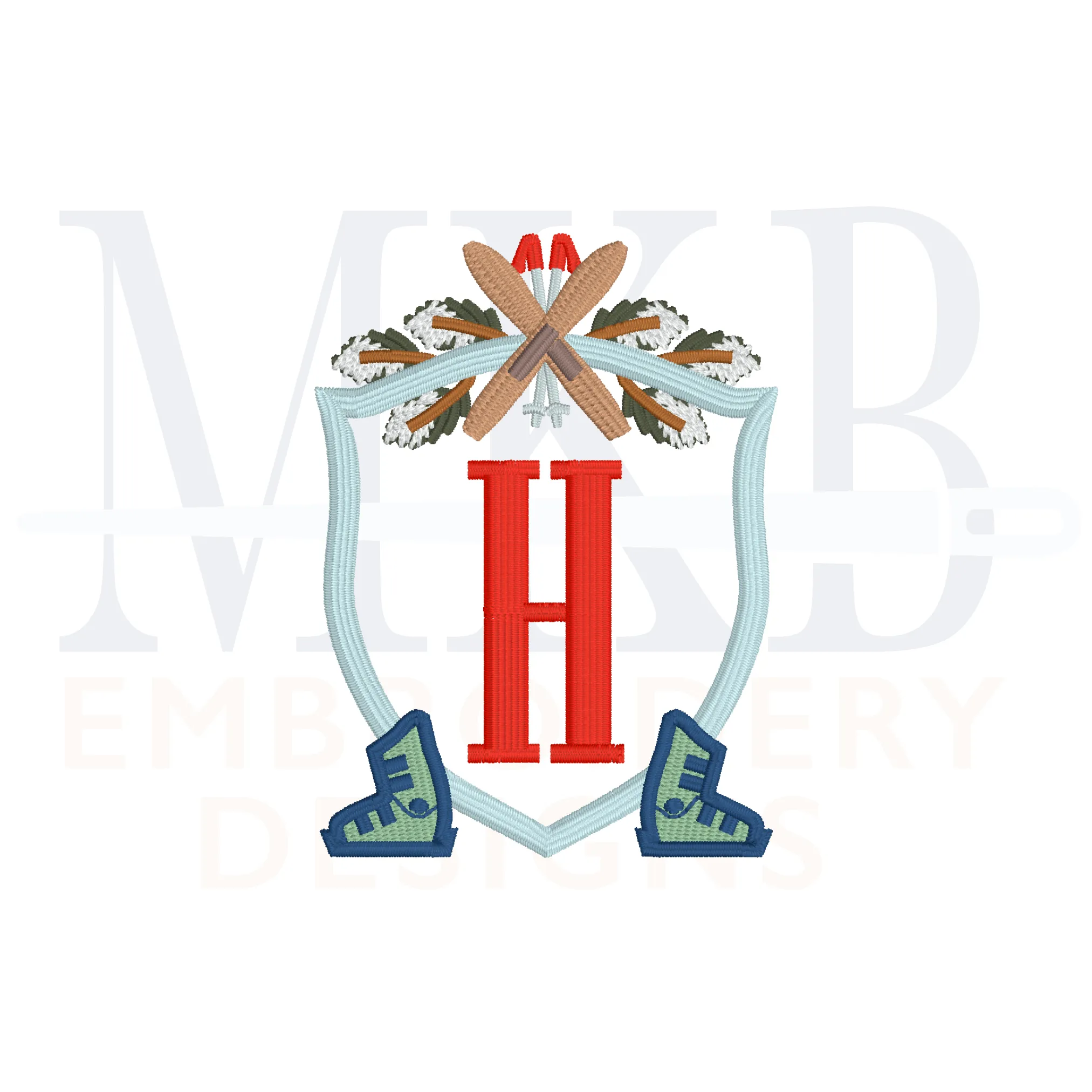 Skis and Boots Pine Crossed Poles Crest Machine Embroidery Design File