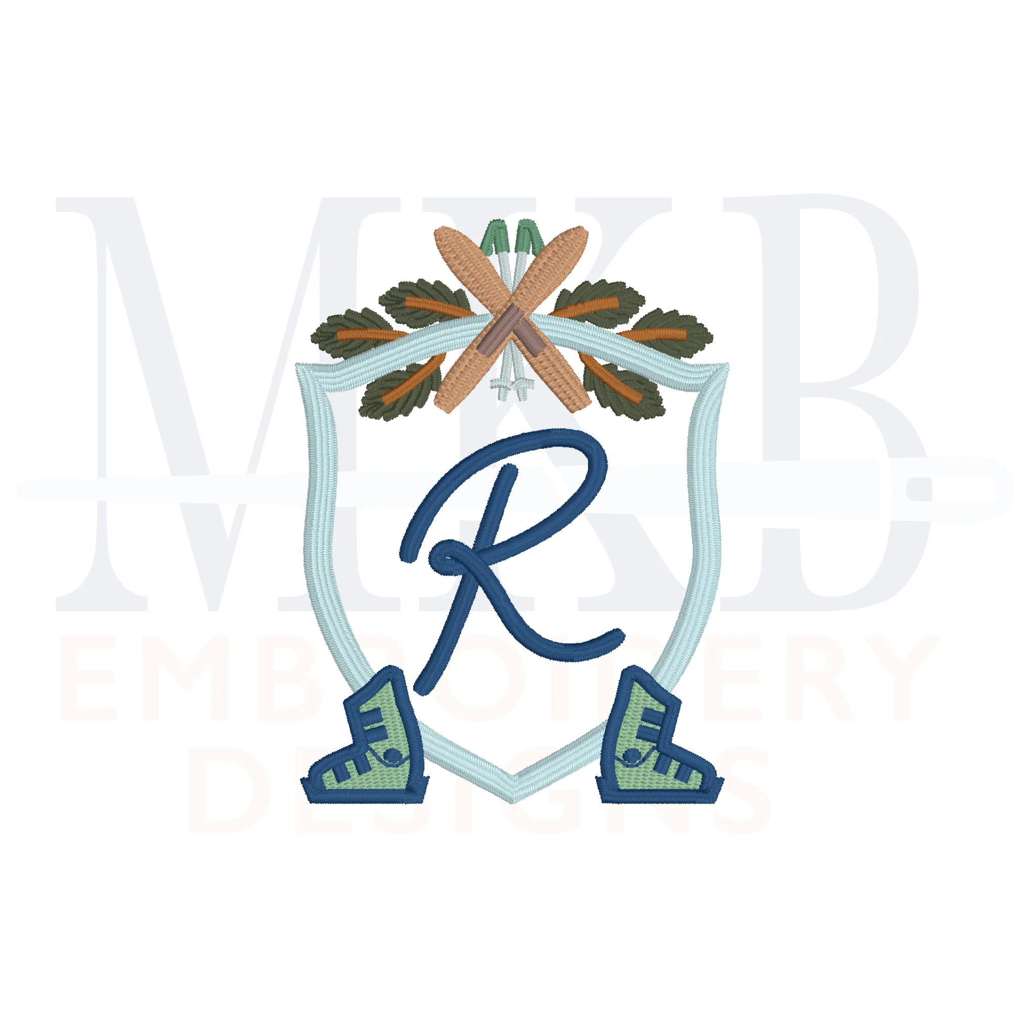 Skis and Boots Pine Crossed Poles Crest Machine Embroidery Design File