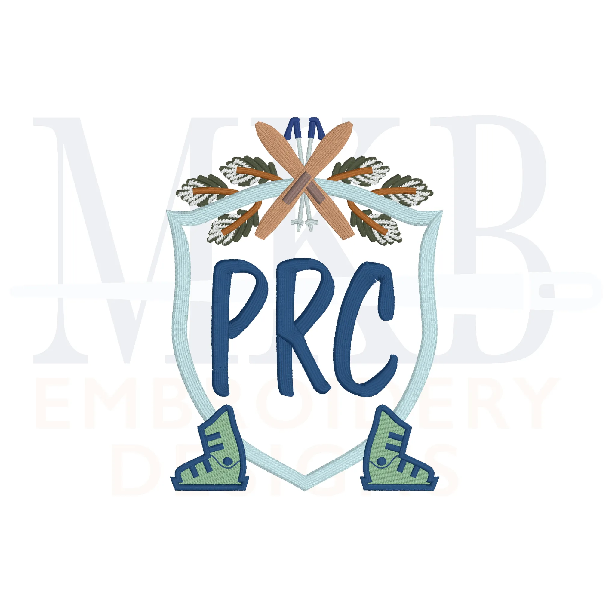 Skis and Boots Pine Crossed Poles Crest Machine Embroidery Design File
