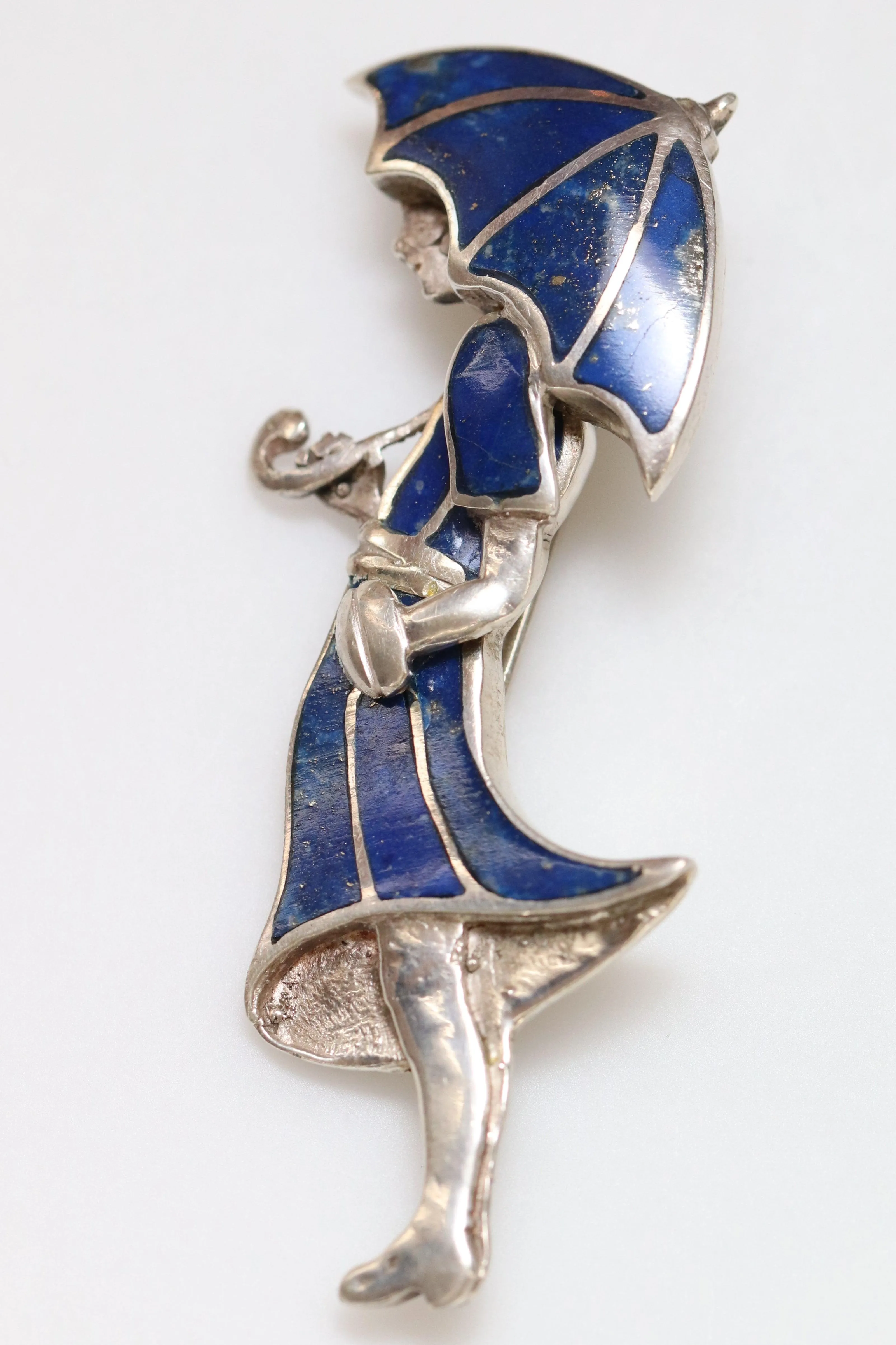 SOLD OUT: Vintage Handcrafted Silver Jewelry | Art Deco Girl and Umbrella Lapis Lazuli Brooch