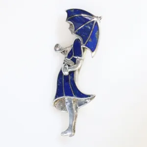 SOLD OUT: Vintage Handcrafted Silver Jewelry | Art Deco Girl and Umbrella Lapis Lazuli Brooch