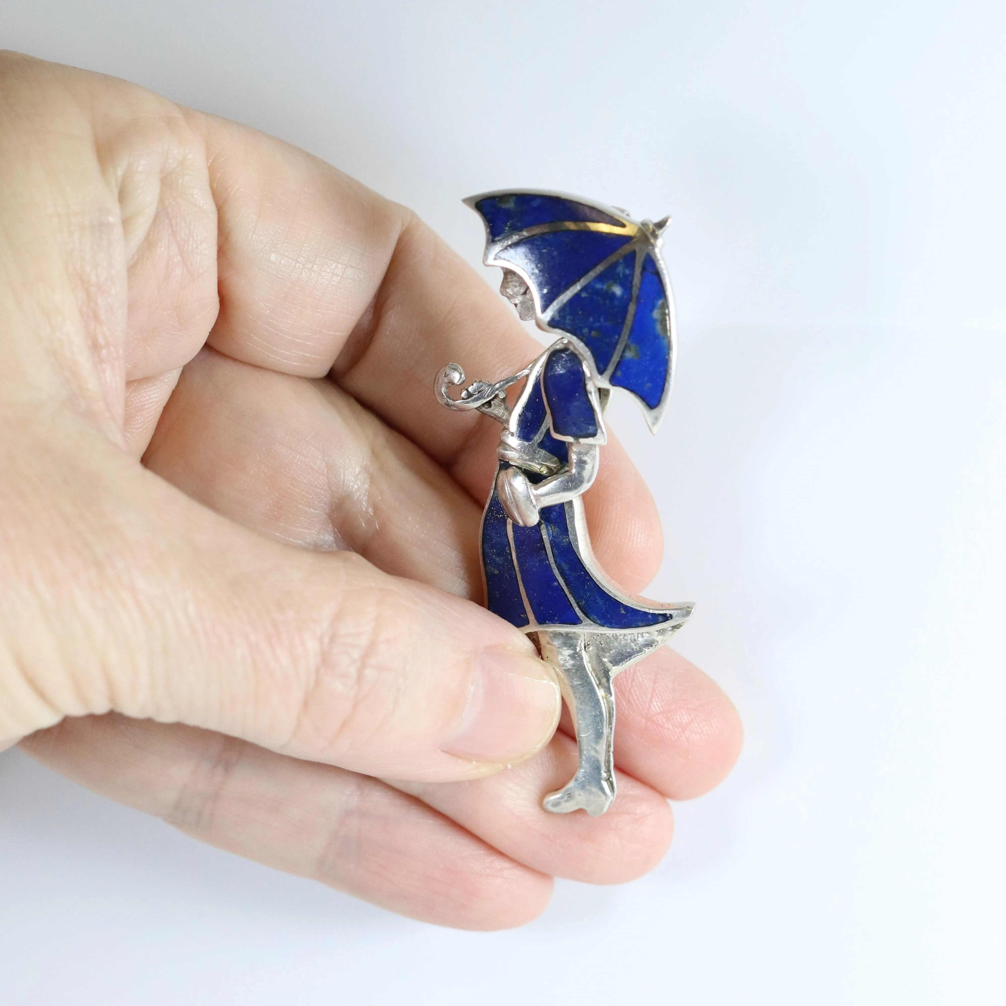 SOLD OUT: Vintage Handcrafted Silver Jewelry | Art Deco Girl and Umbrella Lapis Lazuli Brooch