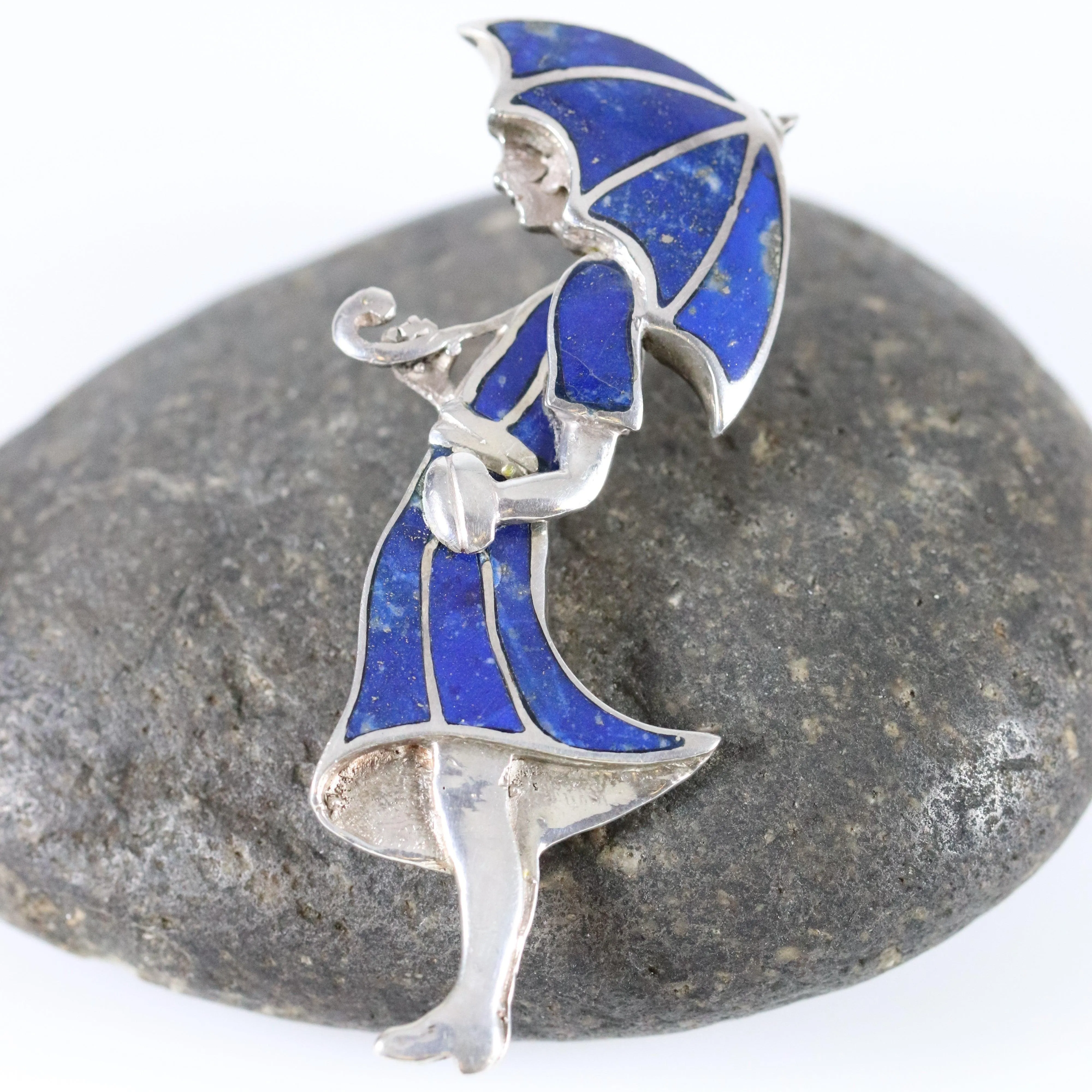 SOLD OUT: Vintage Handcrafted Silver Jewelry | Art Deco Girl and Umbrella Lapis Lazuli Brooch