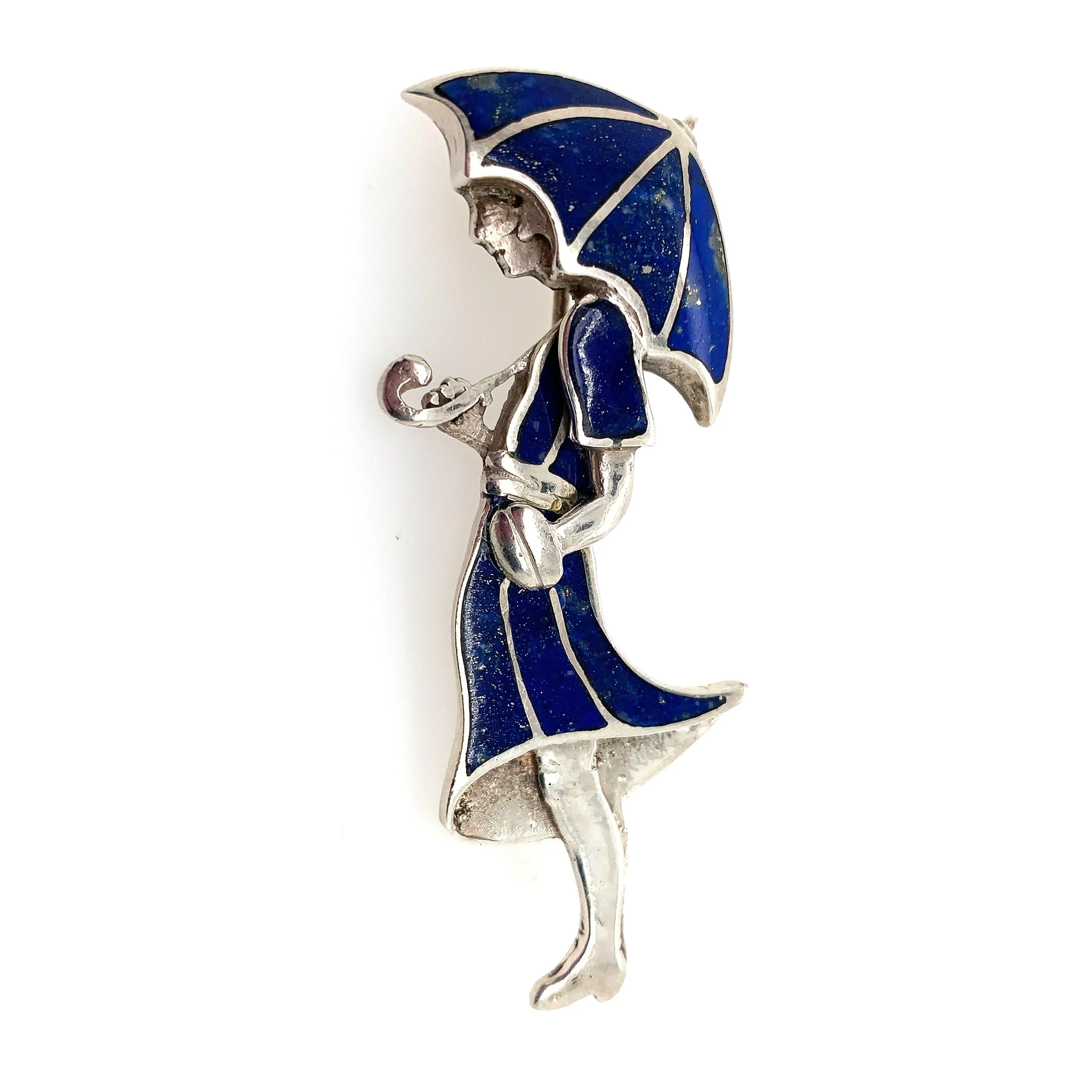 SOLD OUT: Vintage Handcrafted Silver Jewelry | Art Deco Girl and Umbrella Lapis Lazuli Brooch