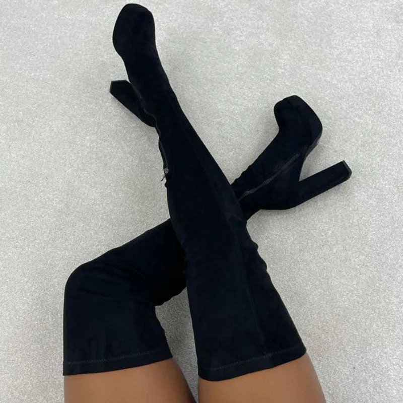 Solid Platform Chunky Heeled Knee-High Boots