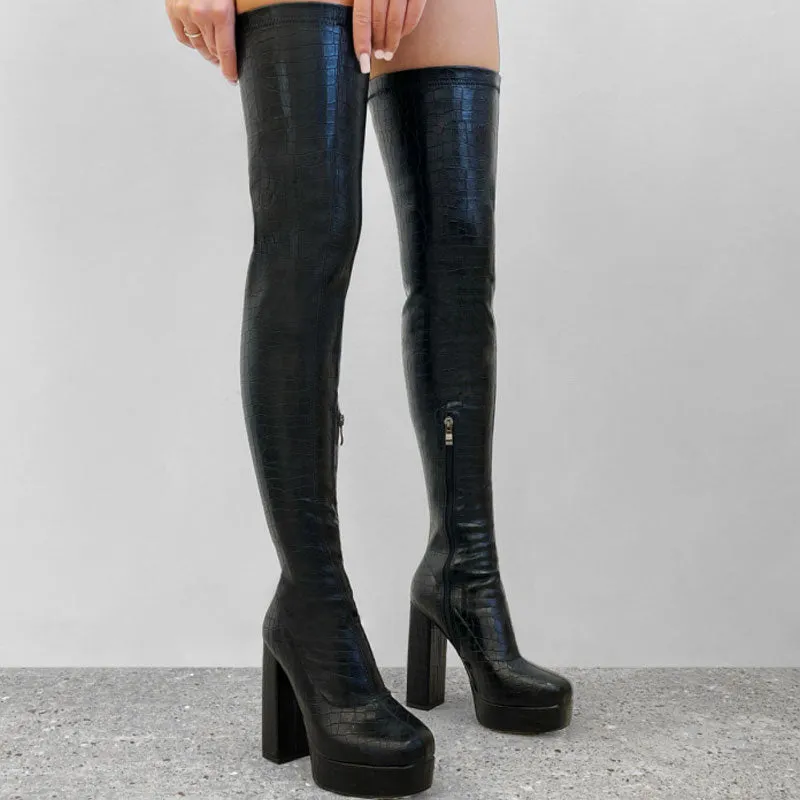 Solid Platform Chunky Heeled Knee-High Boots