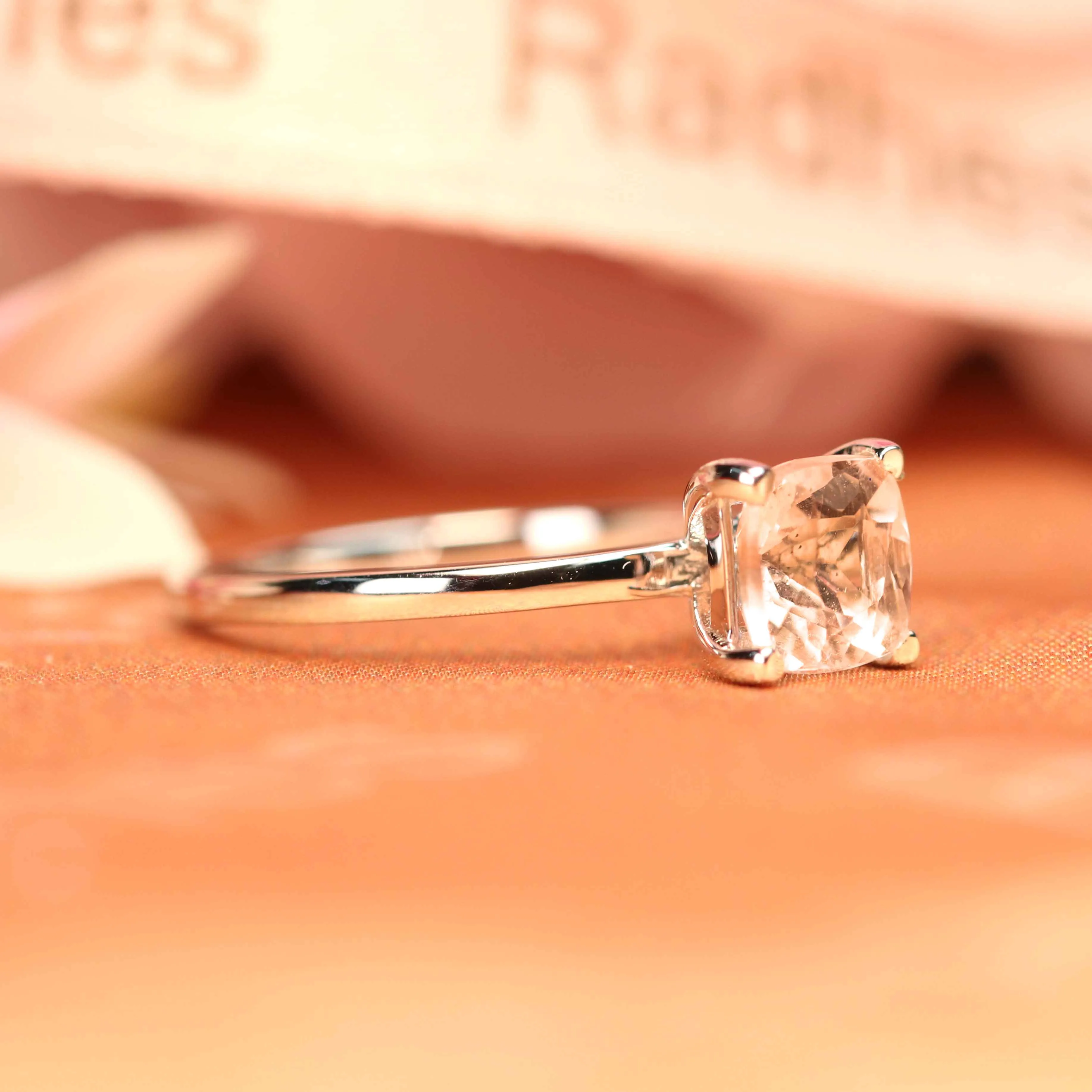 Solitaire 1 carat Square Princess Cut Peach Morganite Engagement Ring in White Gold