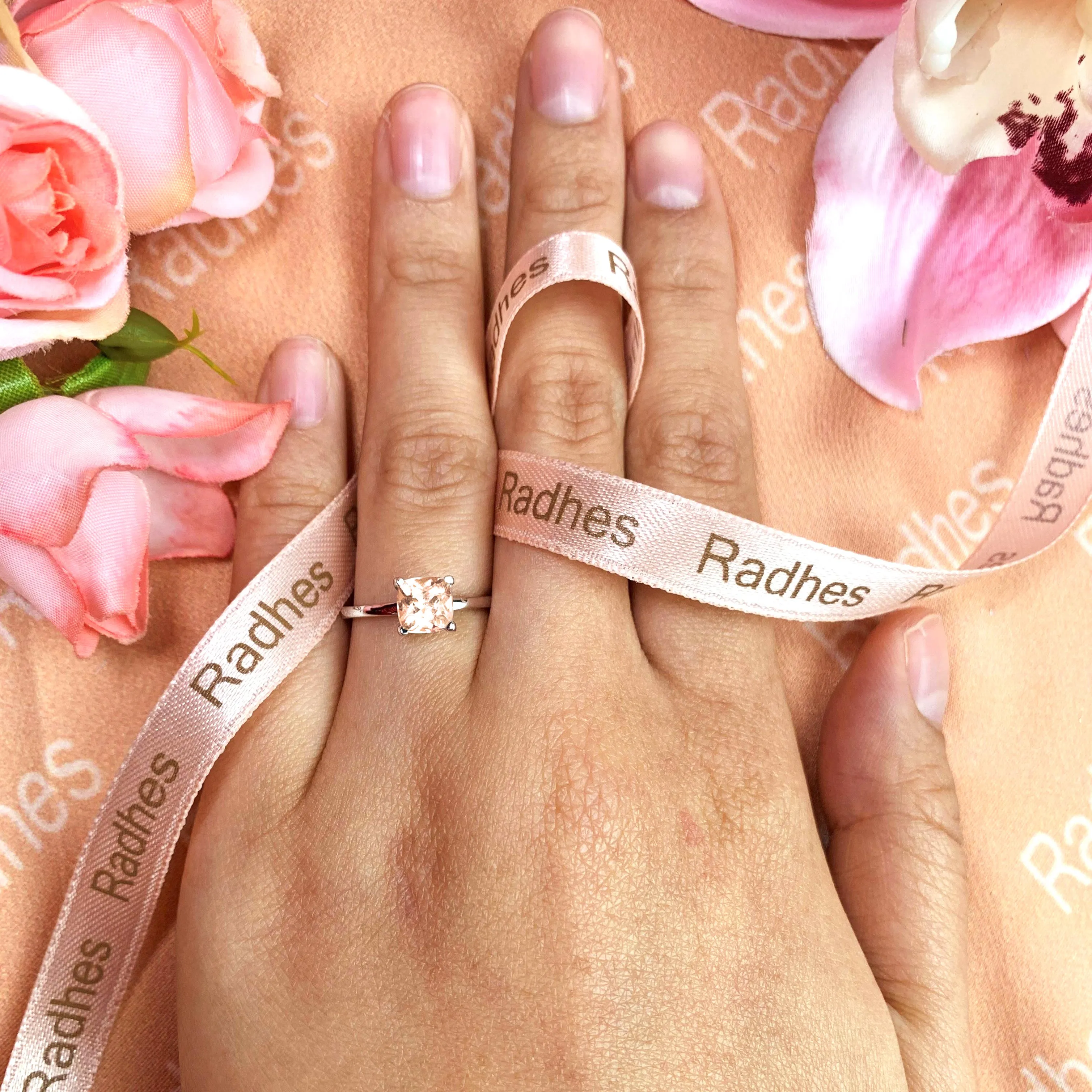 Solitaire 1 carat Square Princess Cut Peach Morganite Engagement Ring in White Gold