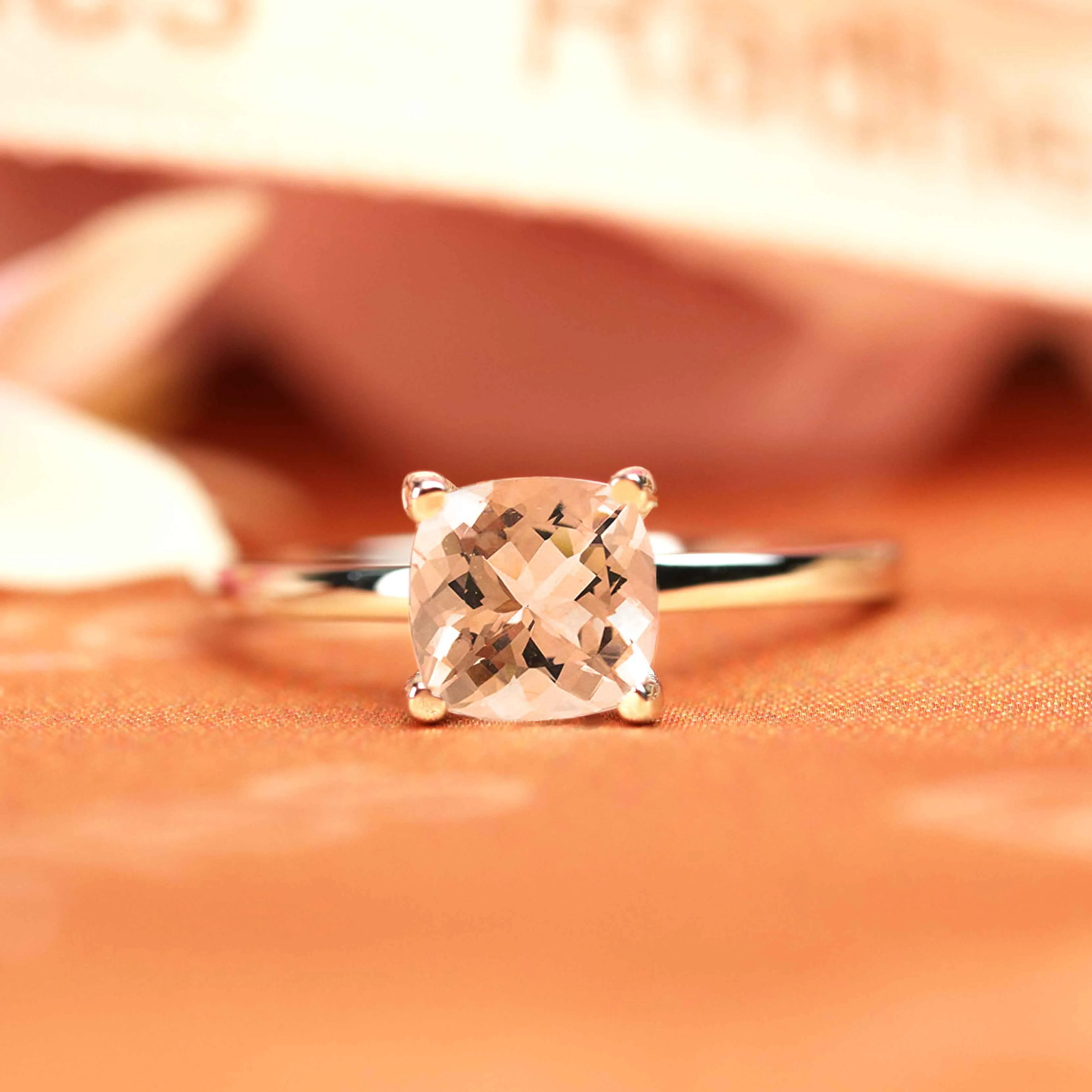 Solitaire 1 carat Square Princess Cut Peach Morganite Engagement Ring in White Gold